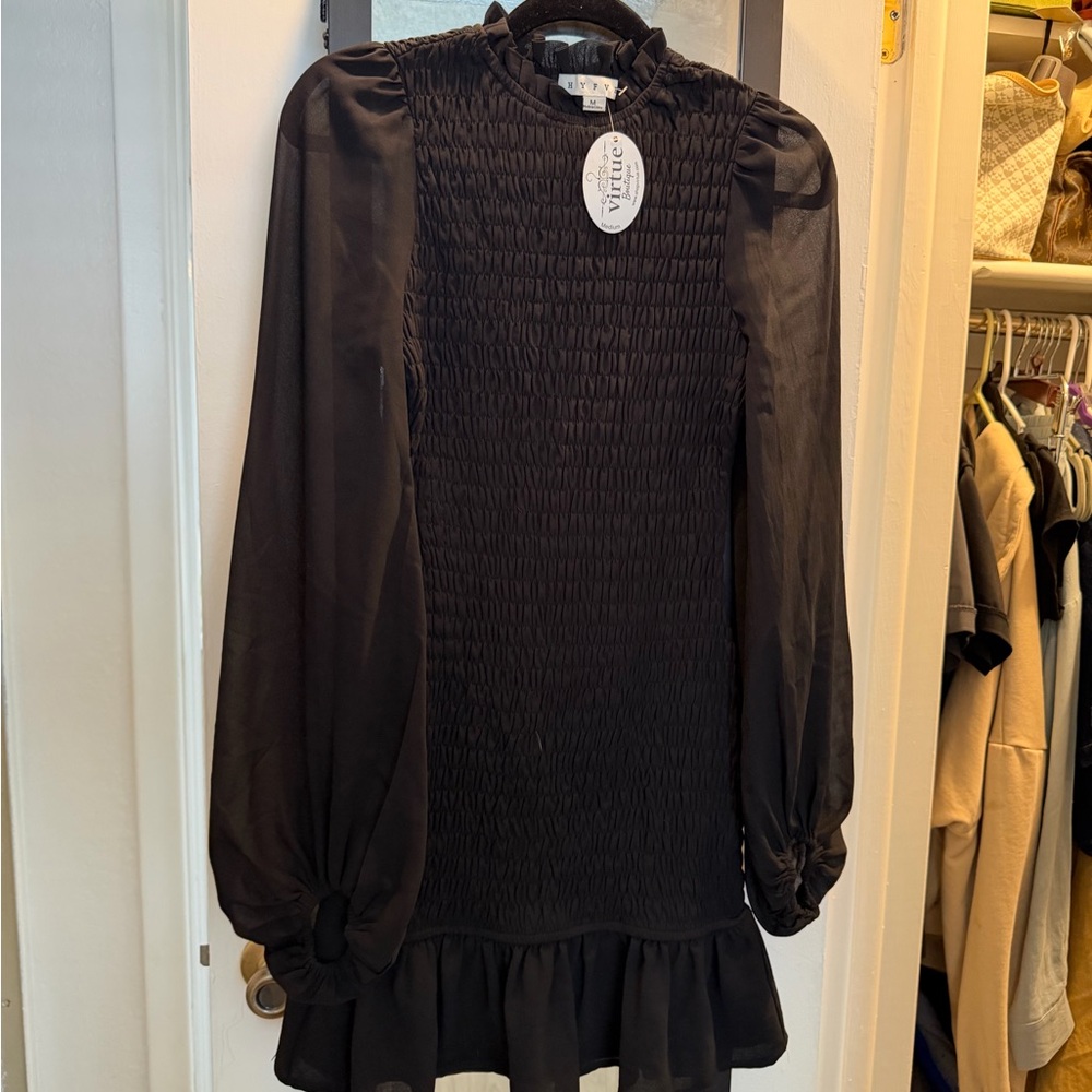 Black Smocked Ruffle Mini Dress